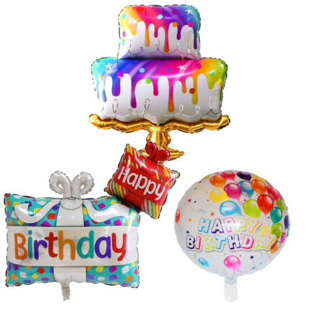 Lot de 3 ballons de fête d'anniversaire avec gâteau, cadeau et ballon