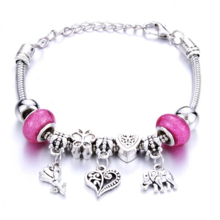 Bracciale con charm color argento con pendente cuore ed elefante