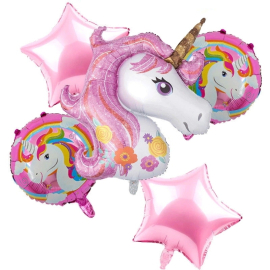 Set of 5 with giant unicorn head with 4 additional balloons