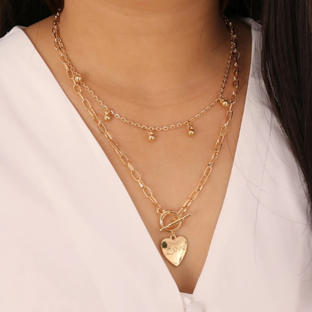 Double-row gold-colored necklaces Cuore with heart pendant and pearls