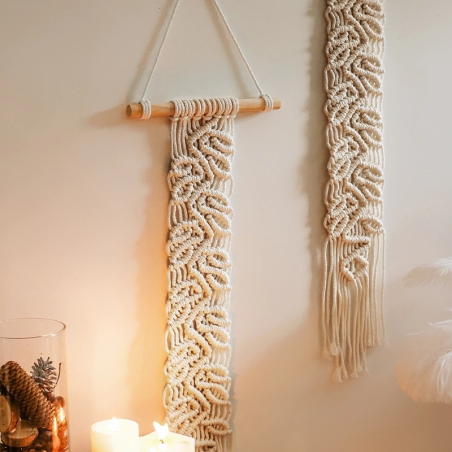 Hand-knotted beige macrame tapestry Cotina