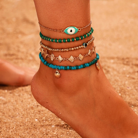 Set of 5 Boho anklets Eye with Turkish eye