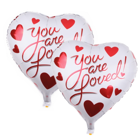 Set of 2 white heart balloons with «You are loved» motif