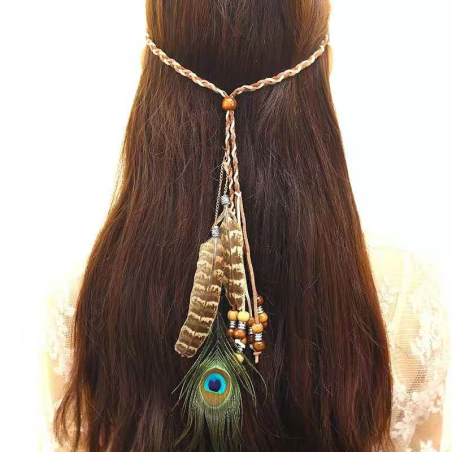 Two-tone Indian leather hairband with peacock feather