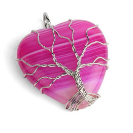 Magnifique pendentif en quartz rose en forme de coeur avec un arbre de vie