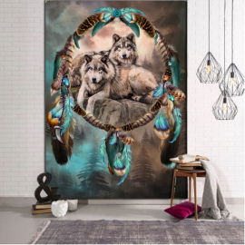 Beautiful dream catcher wall hanging with wolves