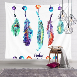 Boho wall hanging with colorful feathers