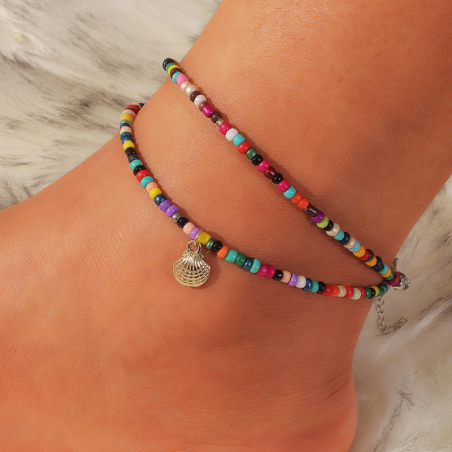 Set of 2 colorful beach anklets with shell