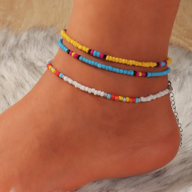 Set of 3 yellow, blue and white surfer anklets