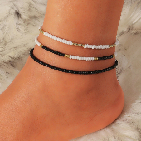 set of 3 white and black beach anklets