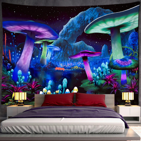 tissu mural UV psychodélique fluorescent avec des champignons magiques