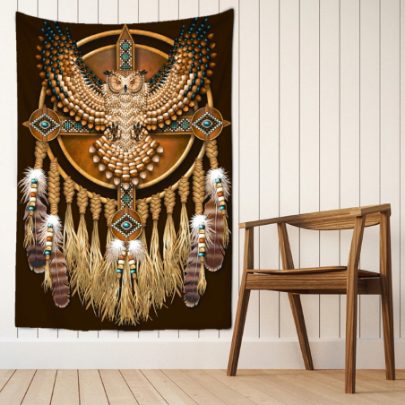 Brown spiritual dream catcher wall hanging with eagle owl