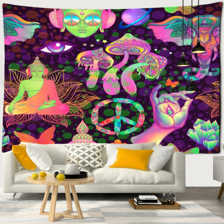 Psychedelic wall hanging with mushrooms, Buddha and peace sign