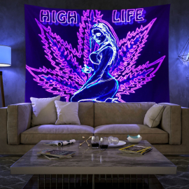 Tissu mural fluoré UV avec une feuille de cannabis et une femme