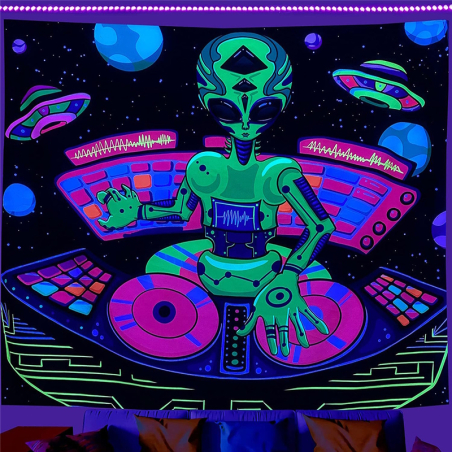 Cool psychedelic wall hanging with alien as DJ