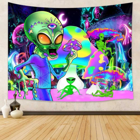 Colorful psychedelic wall hanging with alien and magic mushrooms