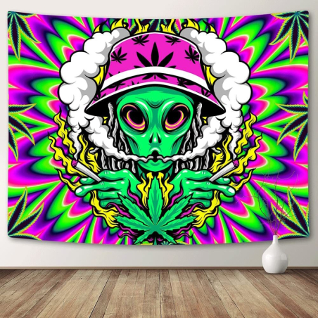 Colorful psychedelic wall hanging with alien smoking weed