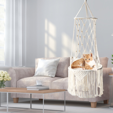 Chaise suspendue chat en macramé beige noué main Caziamo