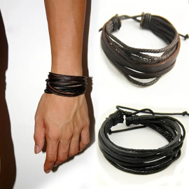 Multi-row men's leather bracelet in black and brown