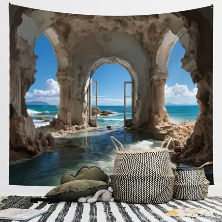 XXL tapestry wall hanging with temple in the sea