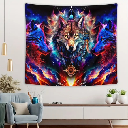 Expressive spiritual wolf wall hanging with strong colors