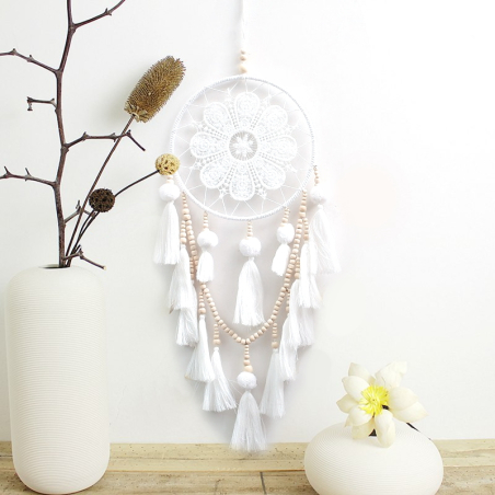 White dream catcher Harmony with floral embroidery pattern