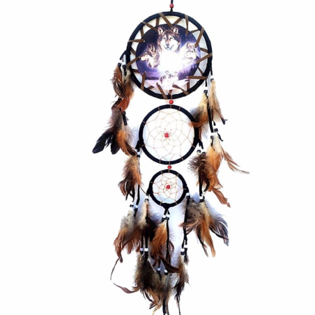 Large black dream catcher wolf with 3 rings - 1