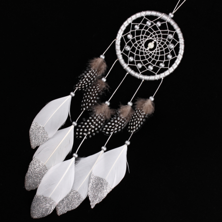 Silver Dream Catcher Silver Star with Guinea Fowl Feathers