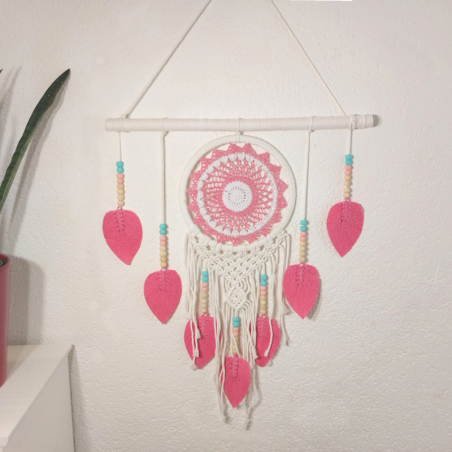 Large pink macrame dream catcher Melita with embroidery net