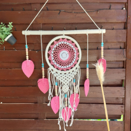 Large pink macrame dream catcher Melita with embroidery net