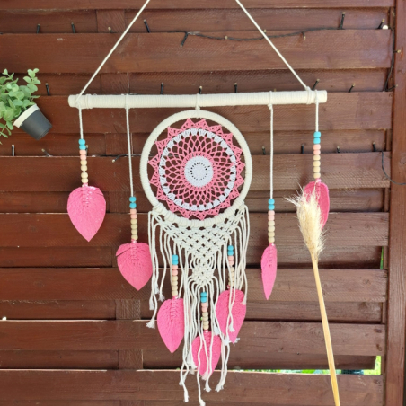 Large pink macrame dream catcher Melita with embroidery net