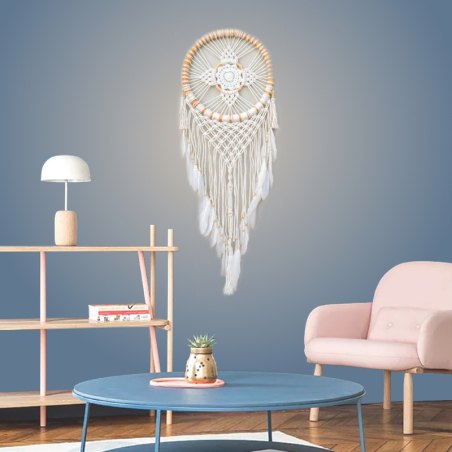 Beige XXL Macrame Dream Catcher Cruso with Rattan Rings