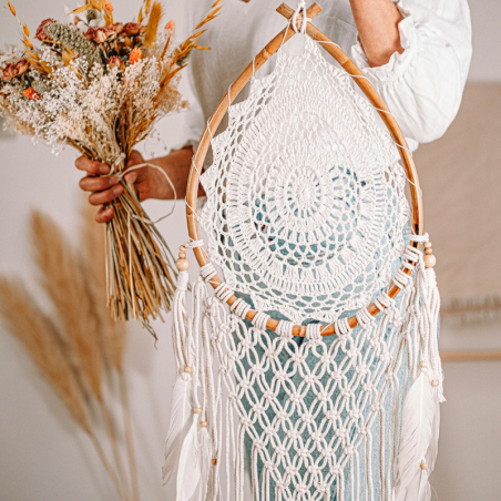 Beige XXL Macrame Rattan Dreamcatcher Naturale as drop shape