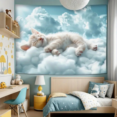 XXL wall towel with a sleeping kitten on the clouds