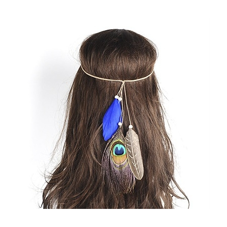 Blue Indian Headband Aqua with Peacock Feather - Headdress - 1