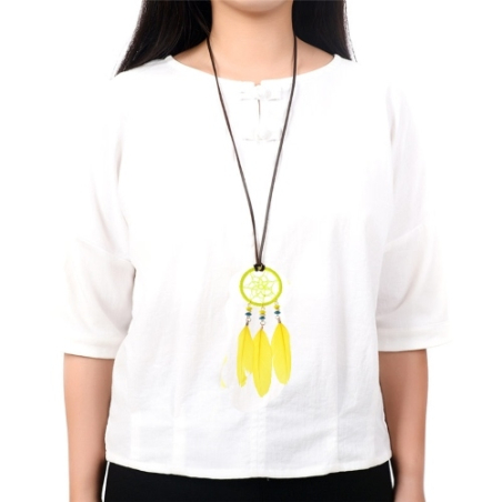 Pendentif attrape-rêves jaune Yela avec collier en cuir - bijoux - 1