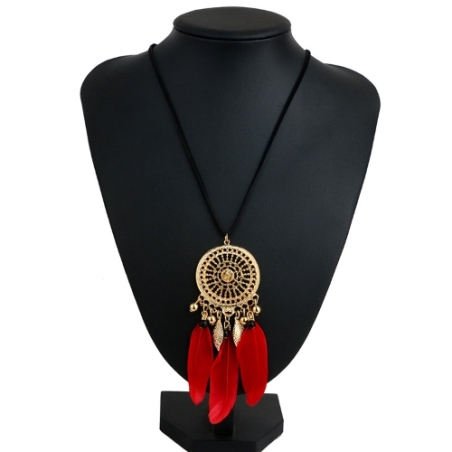 Bijoux attrape-rêves dorés rose avec plumes rouges, bijoux fantaisie - 1